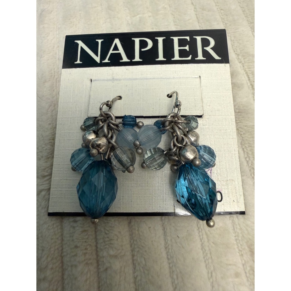 Napier Drop Earrings Blue Silver Faceted Beaded Cluster Teardrop Coastal Boho